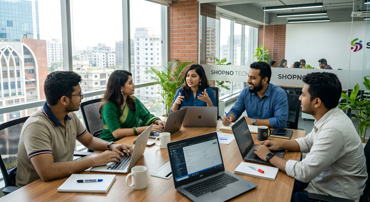 Team collaborating in a modern office